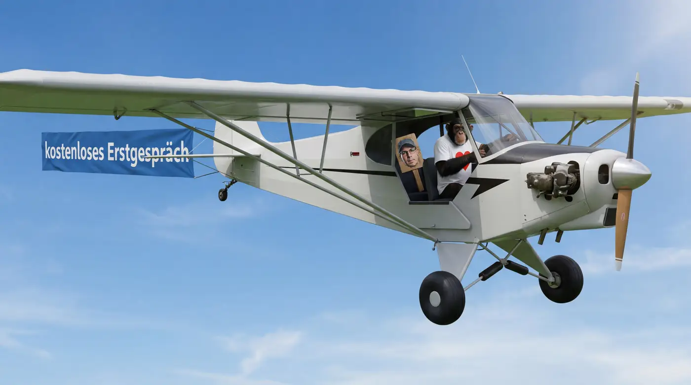 Der Schimpanse fliegt mit Robert ein Propellerflugzeug mit Banner „kostenloses Erstgespräch“