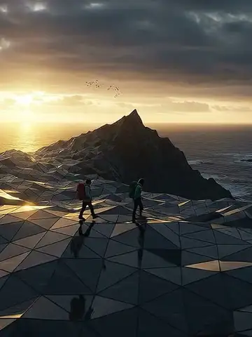 Zwei Wanderer auf einer geometrischen Landschaft vor einem Berg bei Sonnenuntergang