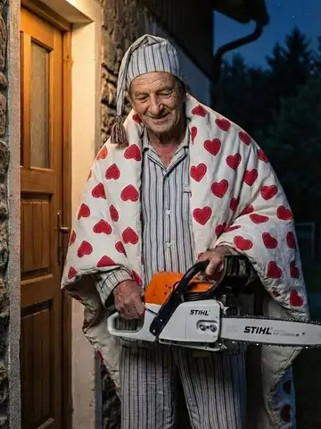 Mann im Herzchen-Morgenmantel mit Motorsäge in der Haustür