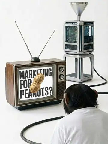 Retro-Fernseher zeigt „Marketing for Peanuts?“, daneben der Schimpanse