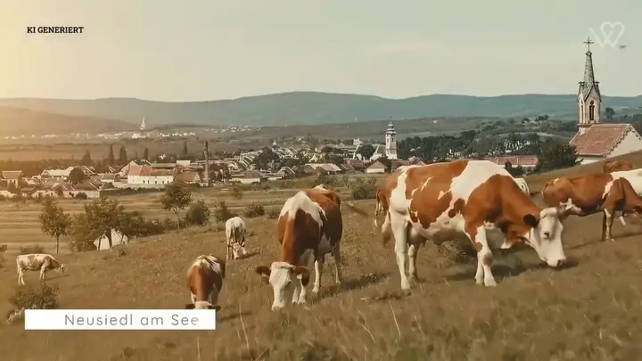 Kühe auf einer Weide über Neusiedl am See mit Kirchturm im Hintergrund