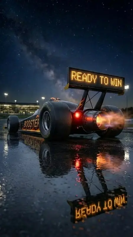 Rennwagen bei Nacht auf nasser Strecke, Anzeige „Ready to win“
