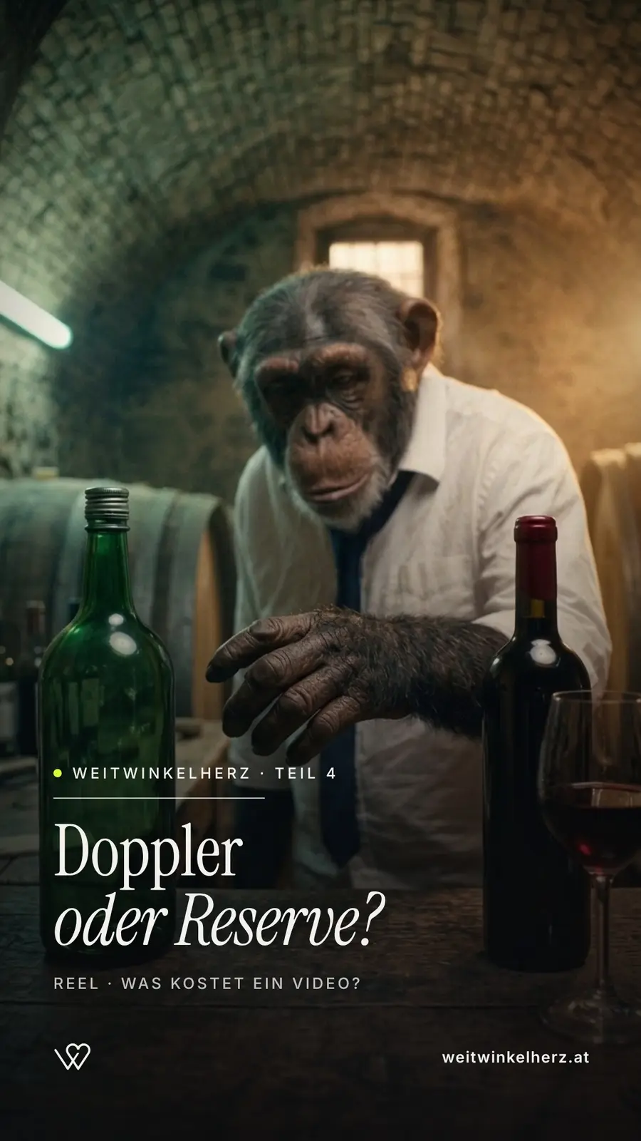Der Schimpanse im Weinkeller zwischen einer Doppler-Flasche und einem Glas Rotwein – Titelbild „Doppler oder Reserve?“