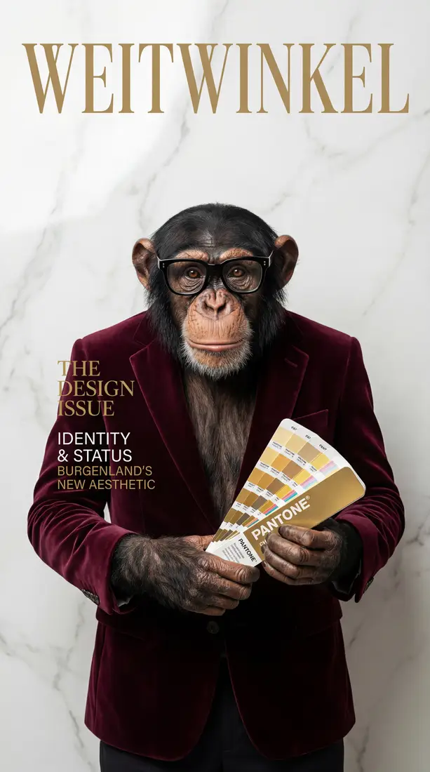 Der Weitwinkelherz-Schimpanse im bordeauxroten Samtsakko mit Brille hält einen Farbfächer – Titelbild „Weitwinkel – The Design Issue“