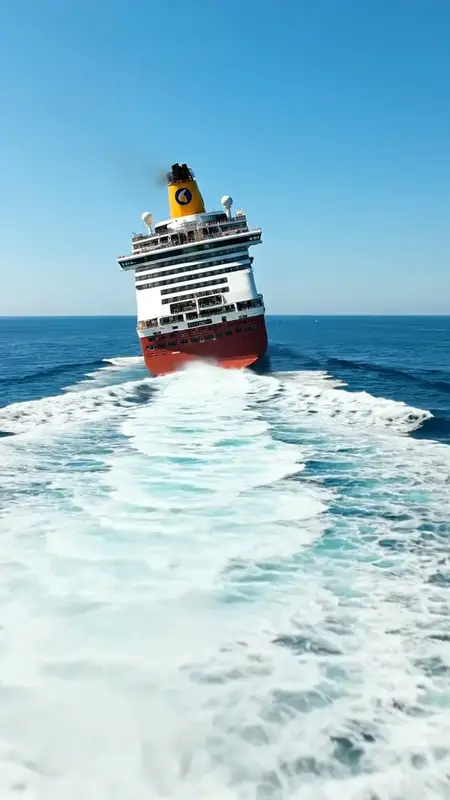 Kreuzfahrtschiff mit Kielwasser auf tiefblauem Meer