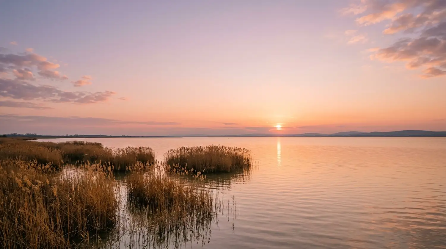Abendstimmung am Neusiedler See: Schilfinseln im ruhigen Wasser, Pastellwolken am Himmel