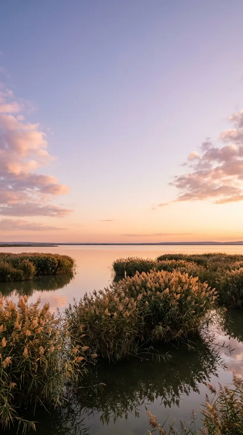 Abendstimmung am Neusiedler See mit Schilfinseln und Pastellwolken